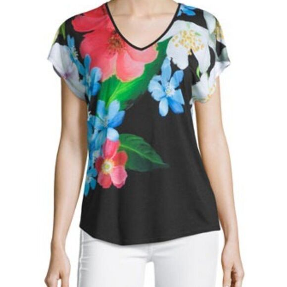 Ted Baker Reneah Forget Me Not V neck Tee Black 0 US 2 XS - Picture 1 of 6